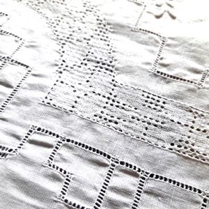 VINTAGE CRISP, WHITE LINEN TABLE SQUARE WITH CUTWORK!